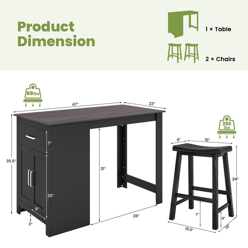 3-Piece Bar Table Set for 2 with 2 Saddle Stools for Dining Room-Black