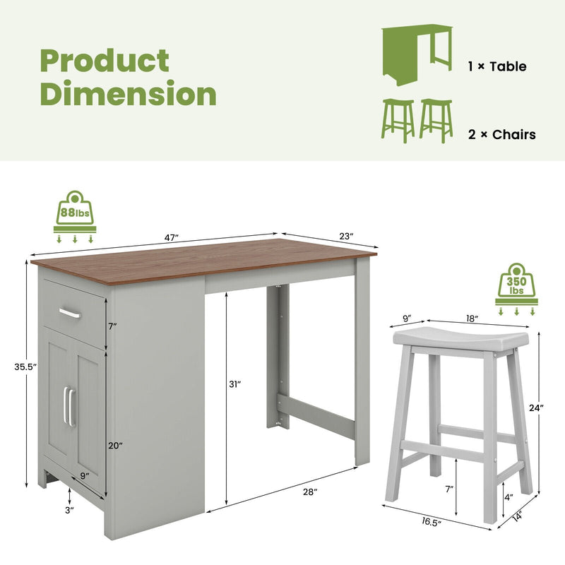 3-Piece Bar Table Set for 2 with 2 Saddle Stools for Dining Room-Gray