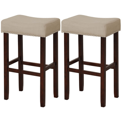 2 Set of 29 Inch Height Upholstered Bar Stool with Solid Rubber Wood Legs and Footrest-Beige