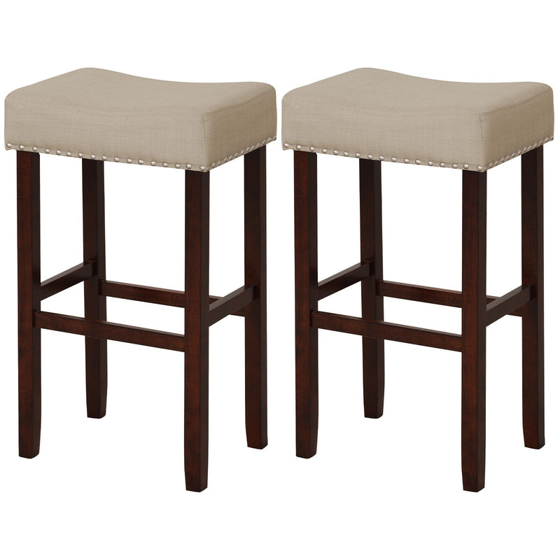 2 Set of 29 Inch Height Upholstered Bar Stool with Solid Rubber Wood Legs and Footrest-Beige