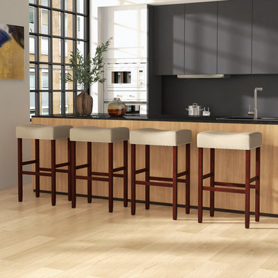 2 Set of 29 Inch Height Upholstered Bar Stool with Solid Rubber Wood Legs and Footrest-Beige