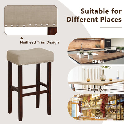 2 Set of 29 Inch Height Upholstered Bar Stool with Solid Rubber Wood Legs and Footrest-Beige