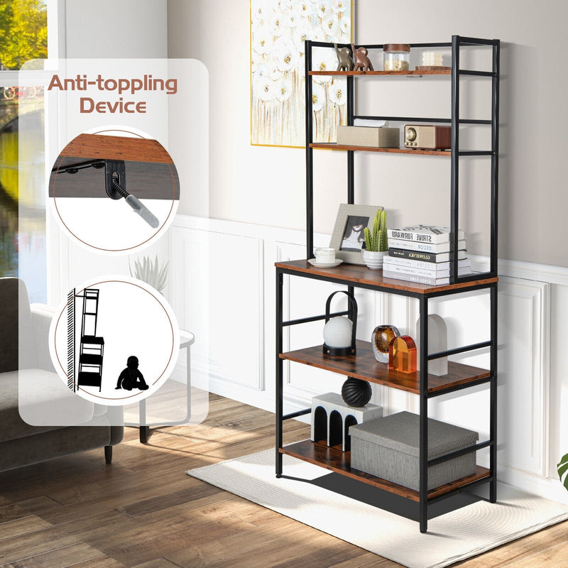 5-Tier Kitchen Bakers Rack with Hutch and Open Shelves-Rustic Brown