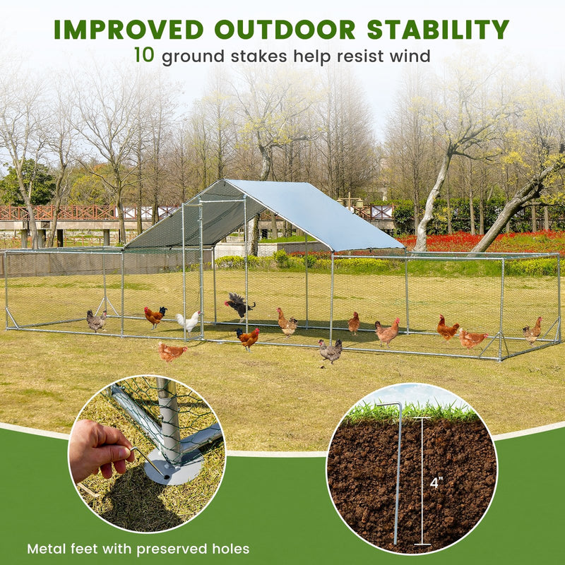 Large Walk-in Metal Chicken Coop with Cover for Farm Backyard