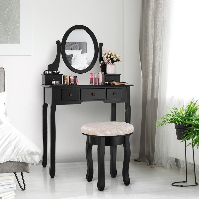 Vanity Makeup Table Set Bedroom Furniture with Padded Stool-Black