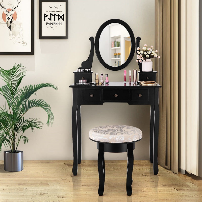 Vanity Makeup Table Set Bedroom Furniture with Padded Stool-Black