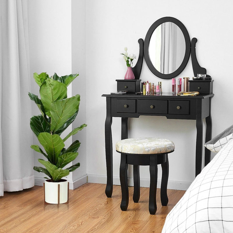 Vanity Makeup Table Set Bedroom Furniture with Padded Stool-Black