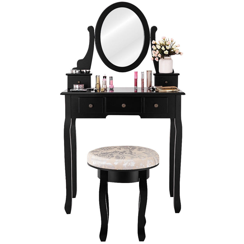 Vanity Makeup Table Set Bedroom Furniture with Padded Stool-Black