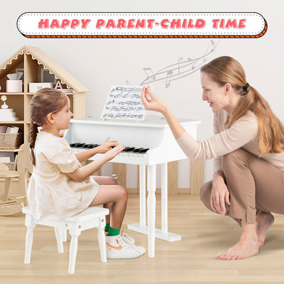 *30-Key Kids Piano Keyboard Toy with Bench Piano Lid and Music Rack - White