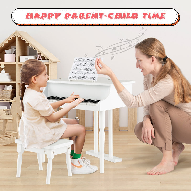*30-Key Kids Piano Keyboard Toy with Bench Piano Lid and Music Rack - White