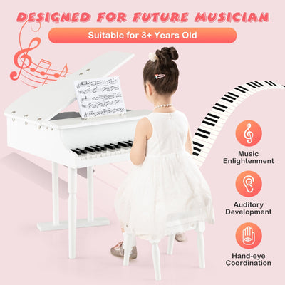 *30-Key Kids Piano Keyboard Toy with Bench Piano Lid and Music Rack - White
