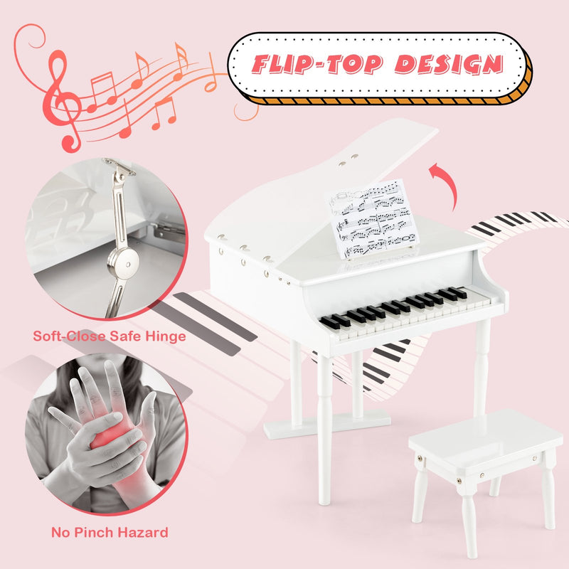 *30-Key Kids Piano Keyboard Toy with Bench Piano Lid and Music Rack - White