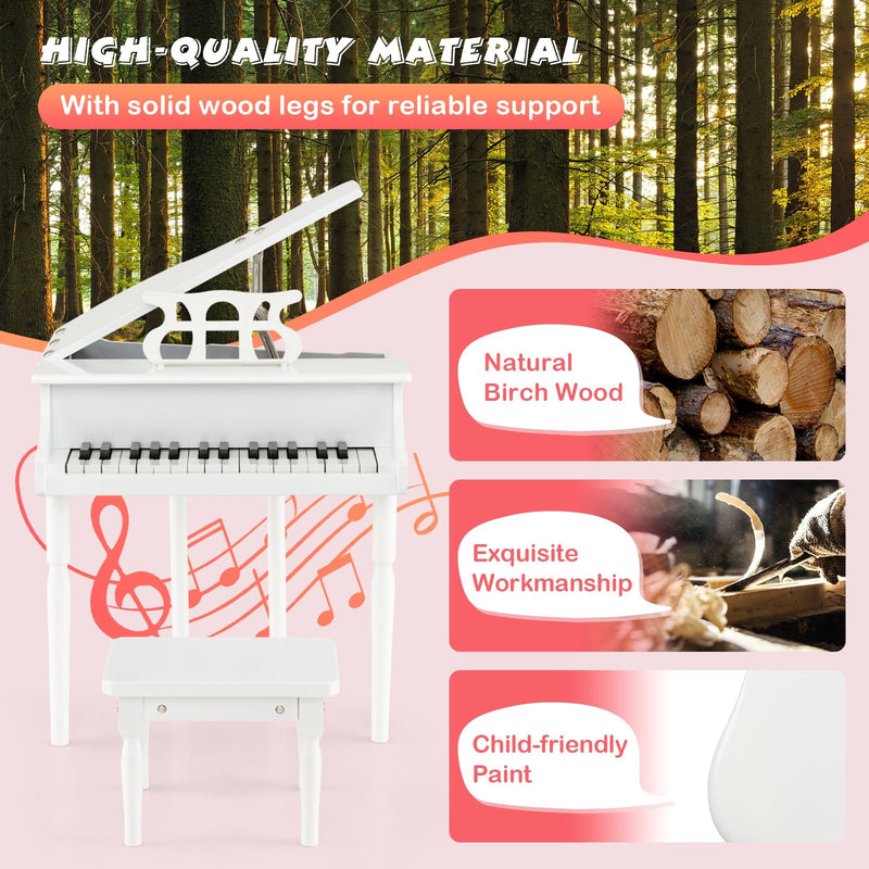 *30-Key Kids Piano Keyboard Toy with Bench Piano Lid and Music Rack - White