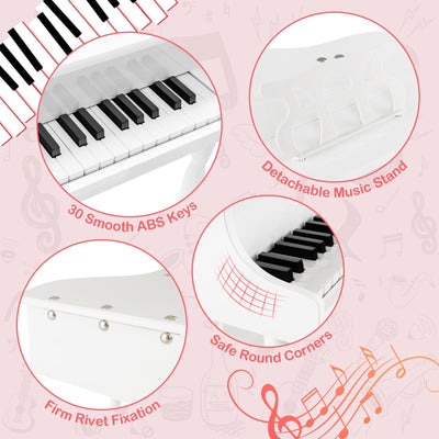 *30-Key Kids Piano Keyboard Toy with Bench Piano Lid and Music Rack - White
