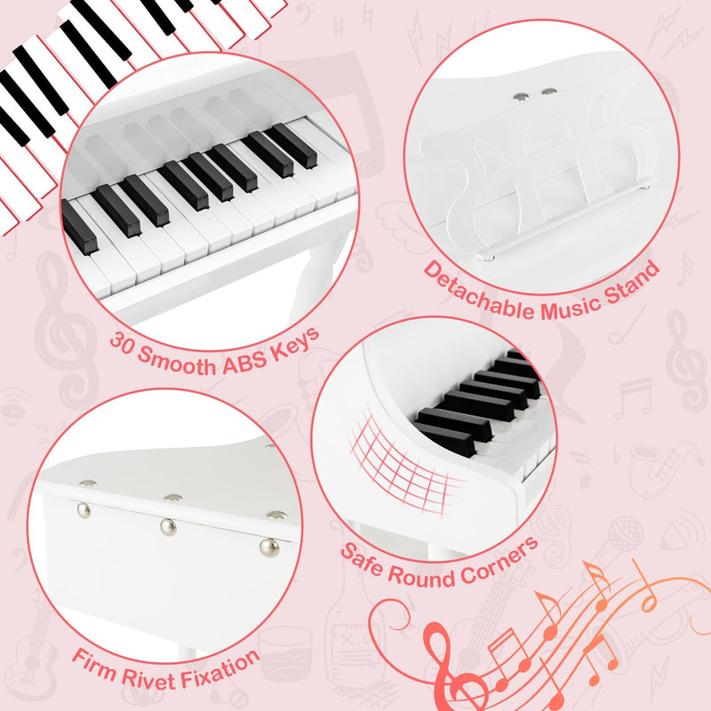 *30-Key Kids Piano Keyboard Toy with Bench Piano Lid and Music Rack - White