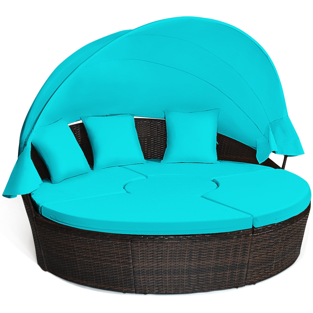 Patio Round Rattan Daybed with Retractable Canopy and Height Adjustabl