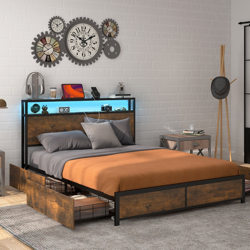 *Full/Queen Size Bed Frame with Smart LED Lights and Storage Drawers - Full Size