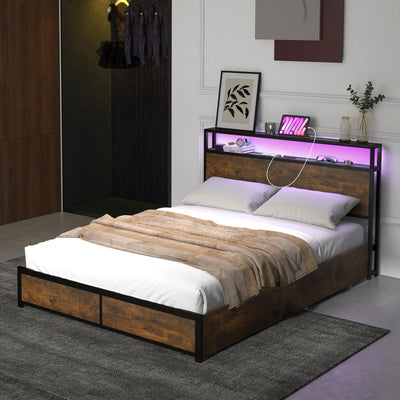 *Full/Queen Size Bed Frame with Smart LED Lights and Storage Drawers - Full Size