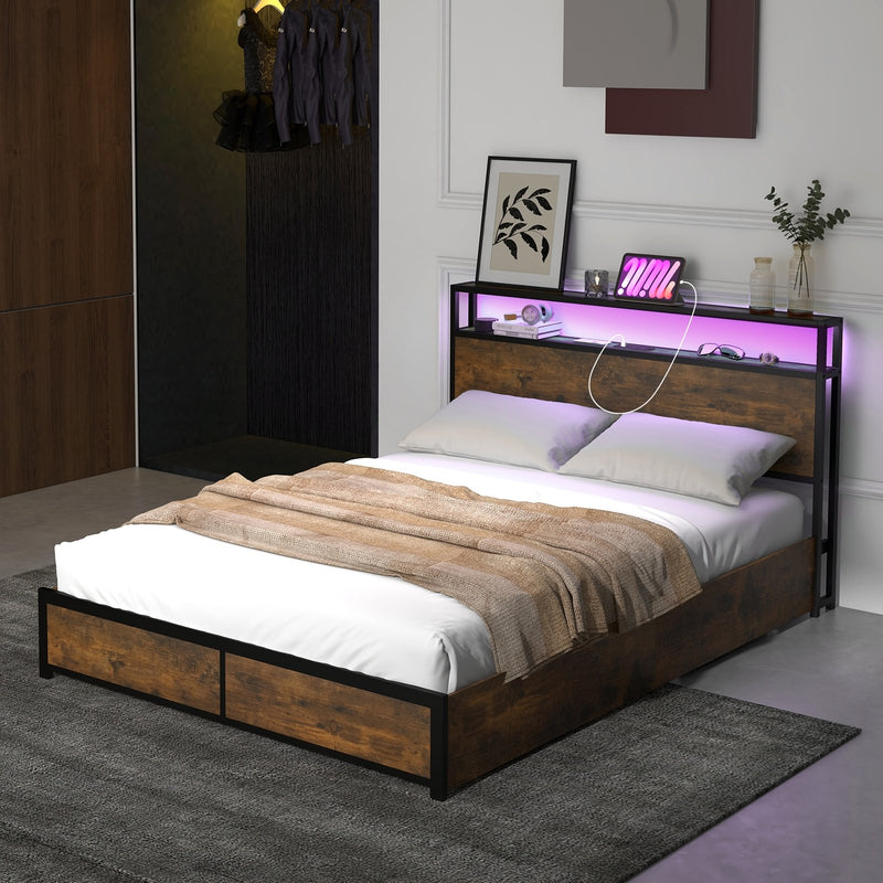 *Full/Queen Size Bed Frame with Smart LED Lights and Storage Drawers - Full Size
