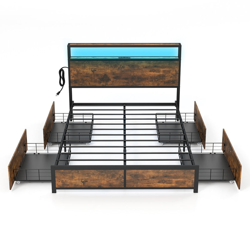 *Full/Queen Size Bed Frame with Smart LED Lights and Storage Drawers - Full Size