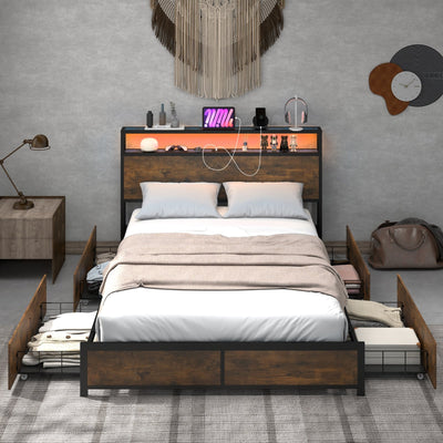 *Full/Queen Size Bed Frame with Smart LED Lights and Storage Drawers - Full Size