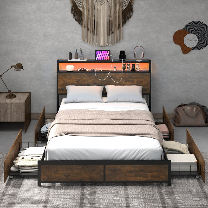 *Full/Queen Size Bed Frame with Smart LED Lights and Storage Drawers - Full Size