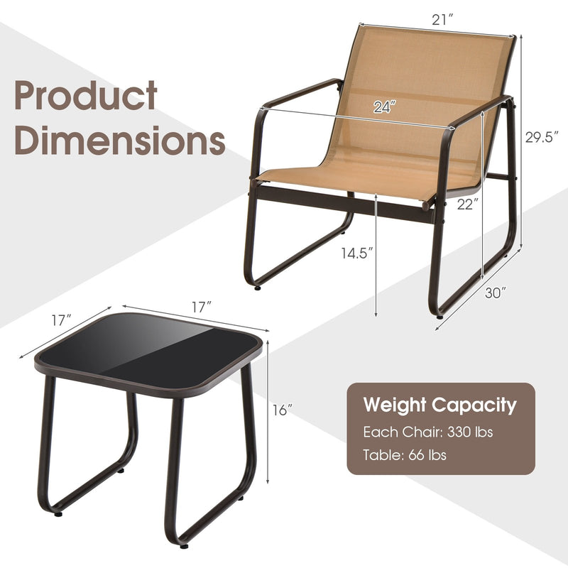 3 Pieces Patio Conversation Set with Breathable Fabric and Tabletop-Brown
