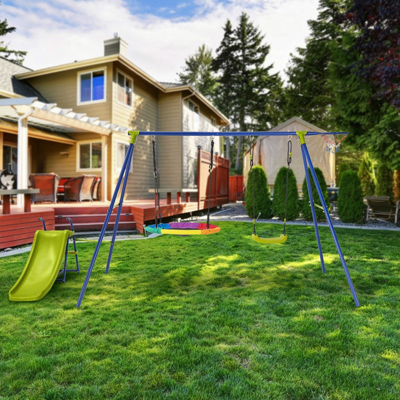*4-in-1 Heavy-Duty Metal Playset with Slide and Basketball Hoop