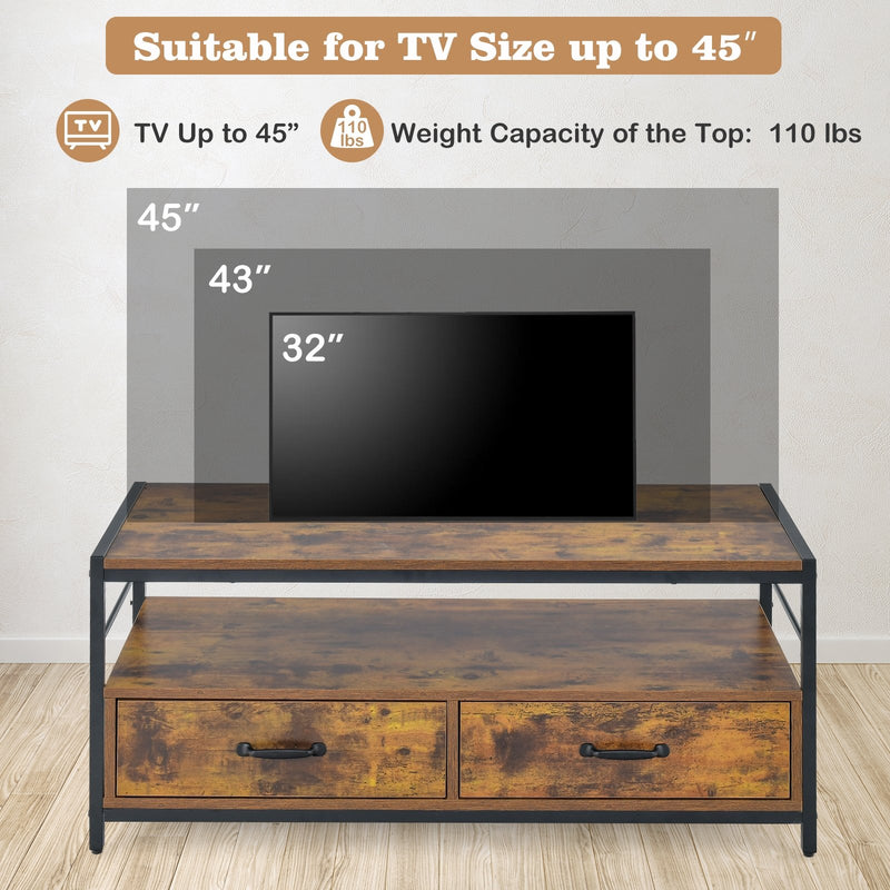 Coffee Table with 2 Drawers and Open Shelf for Living Room-Rustic Brown