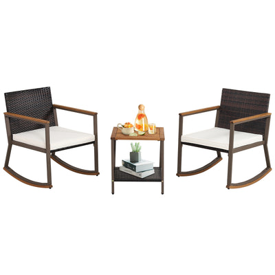 3 Pieces Rattan Rocking Bistro Set with Coffee Table and Cushions-Off White