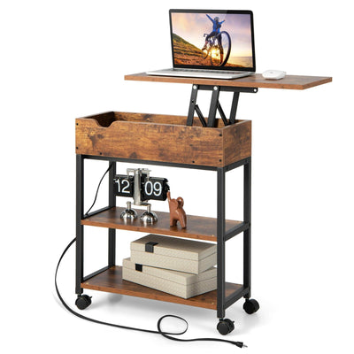 *Lift Top End Table with Charging Station and Universal Wheels - Rustic Brown