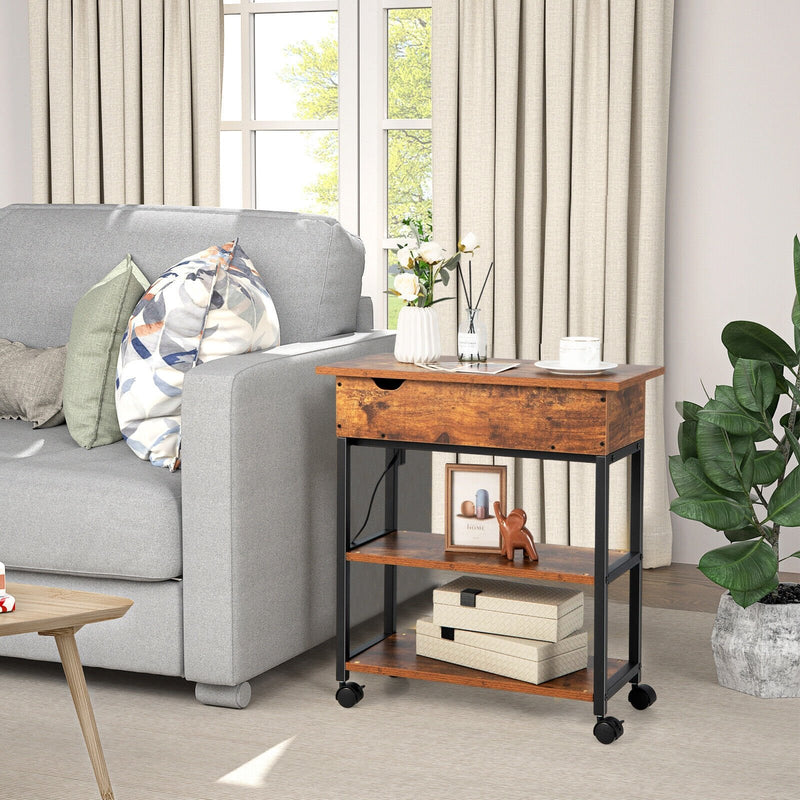 *Lift Top End Table with Charging Station and Universal Wheels - Rustic Brown