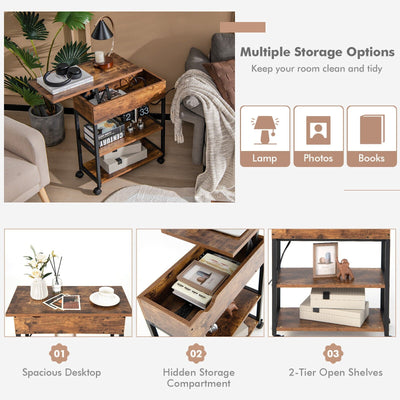 *Lift Top End Table with Charging Station and Universal Wheels - Rustic Brown