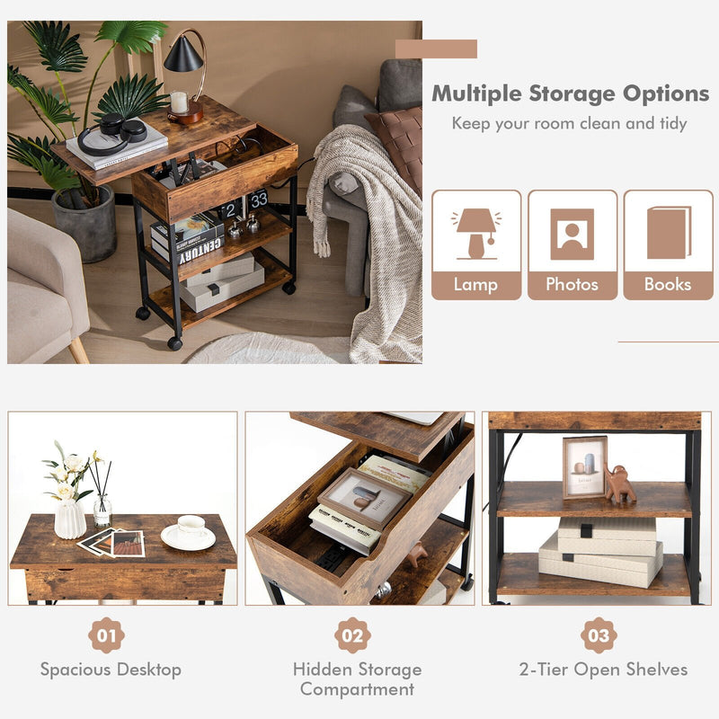 *Lift Top End Table with Charging Station and Universal Wheels - Rustic Brown