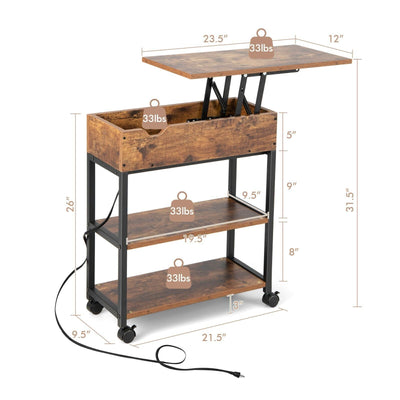 *Lift Top End Table with Charging Station and Universal Wheels - Rustic Brown