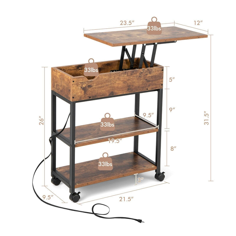 *Lift Top End Table with Charging Station and Universal Wheels - Rustic Brown