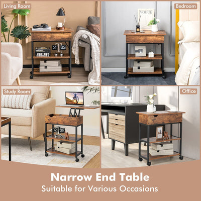 *Lift Top End Table with Charging Station and Universal Wheels - Rustic Brown
