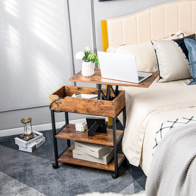 *Lift Top End Table with Charging Station and Universal Wheels - Rustic Brown