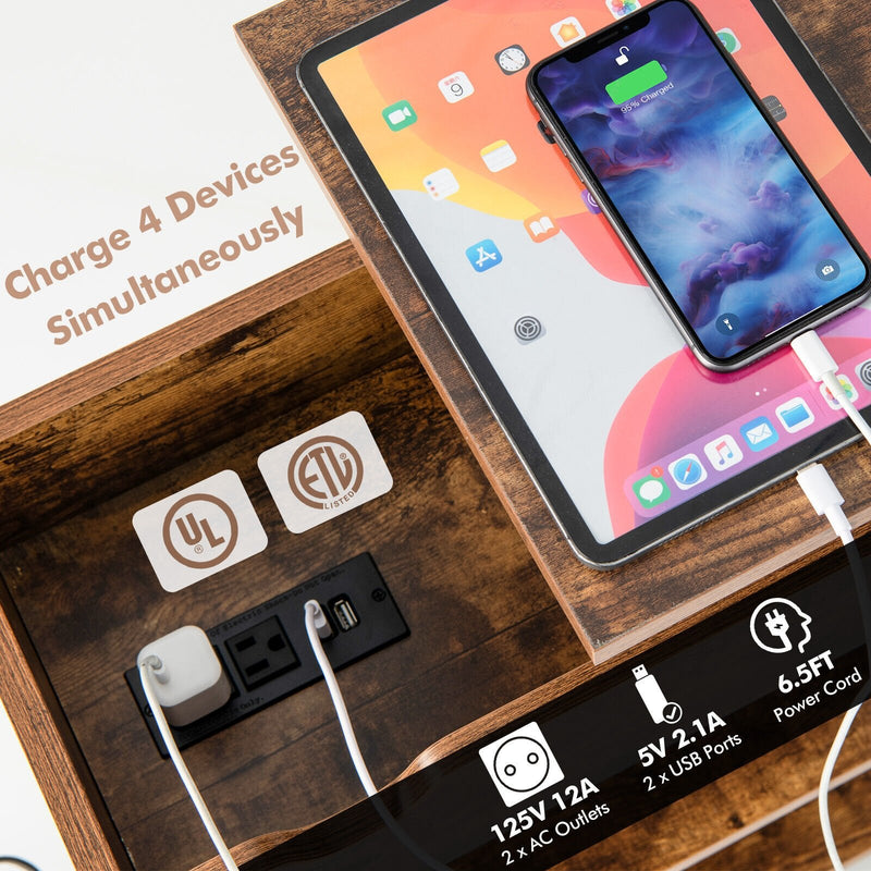 *Lift Top End Table with Charging Station and Universal Wheels - Rustic Brown