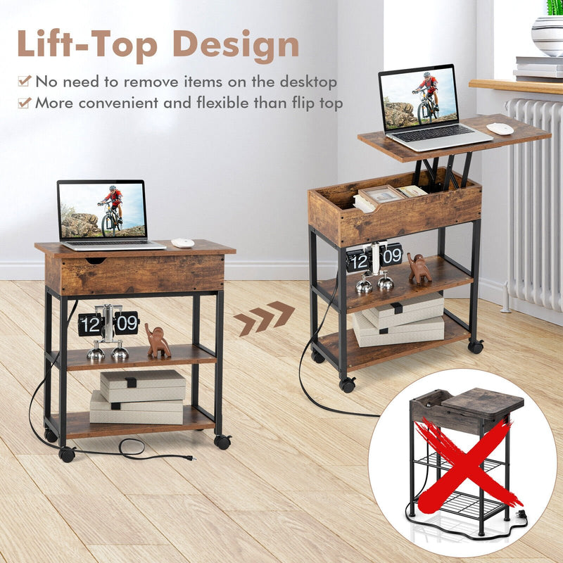 *Lift Top End Table with Charging Station and Universal Wheels - Rustic Brown