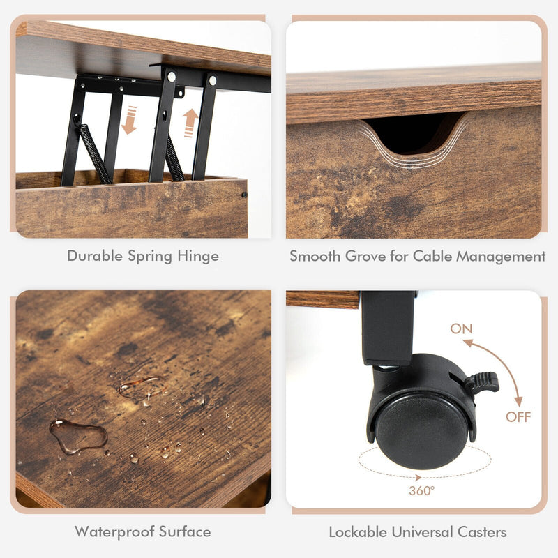 *Lift Top End Table with Charging Station and Universal Wheels - Rustic Brown
