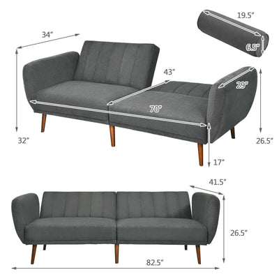 Convertible Futon Sofa Bed Adjustable Couch Sleeper with Wood Legs-Gray