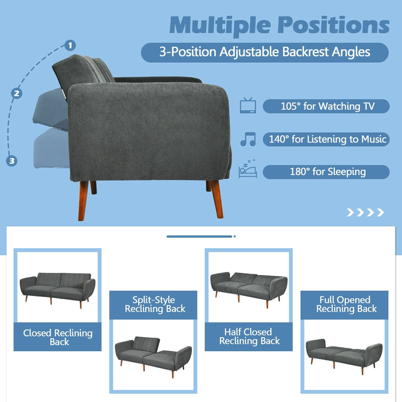 Convertible Futon Sofa Bed Adjustable Couch Sleeper with Wood Legs-Gray