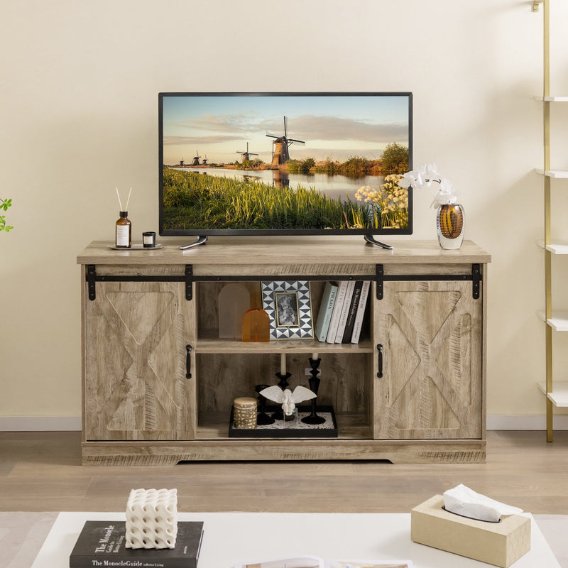 Farmhouse Entertainment Center with Adjustable Shelves and Storage Cabinet-Gray