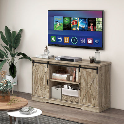 Farmhouse Entertainment Center with Adjustable Shelves and Storage Cabinet-Gray