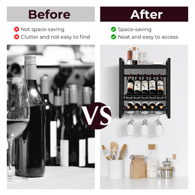 10 Bottles Wall Mounted Wine Rack with Glass Holder