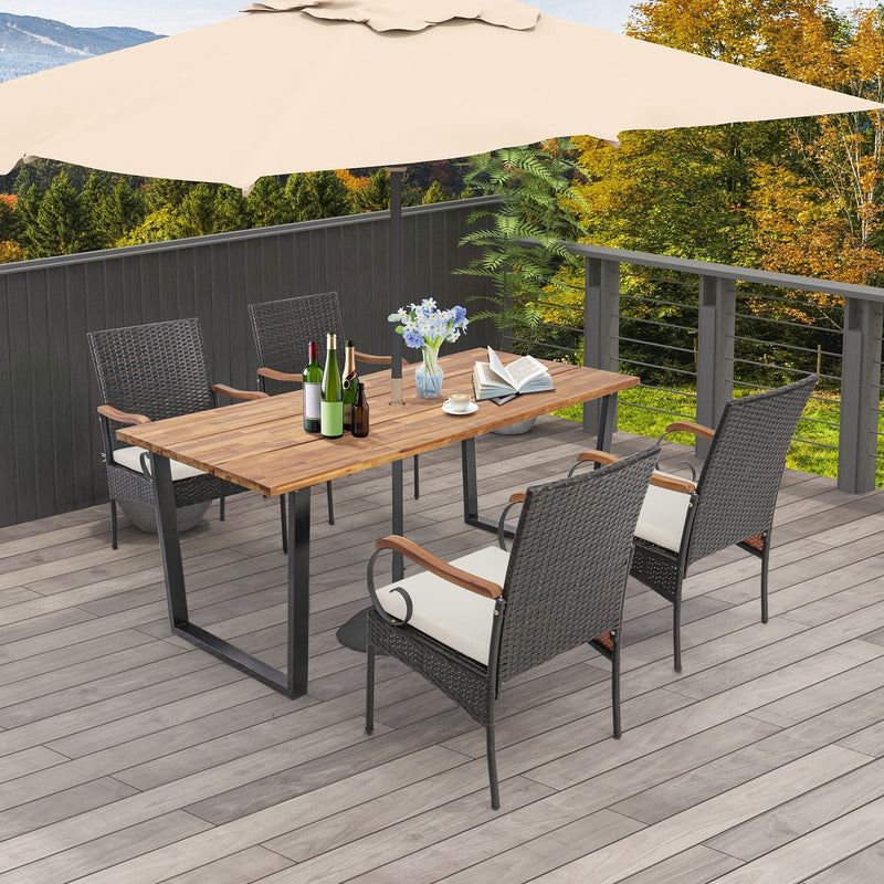 *5 Pieces Patio Rattan Dining Set with Umbrella Hole for Poolside Backyard