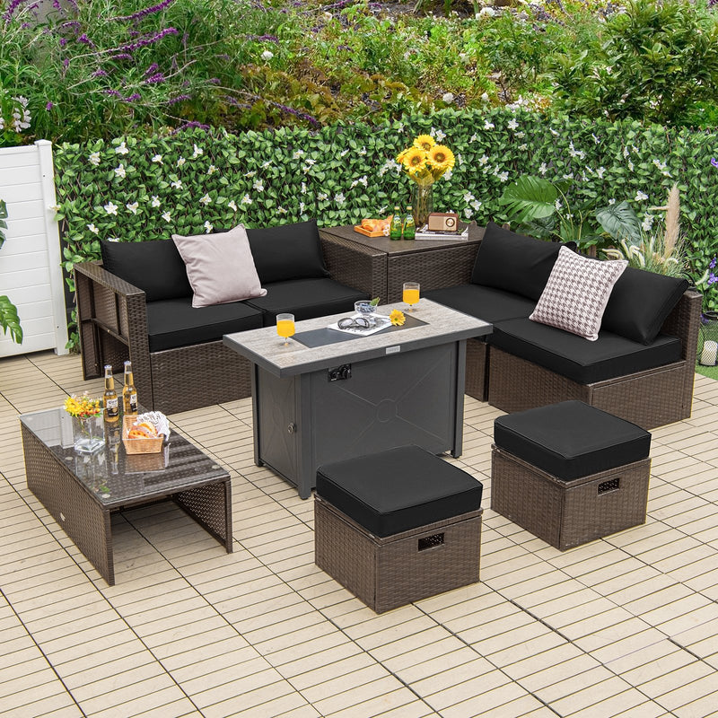 *9 Pieces Outdoor Patio Furniture Set with 42 Inch Propane Fire Pit Table - Black