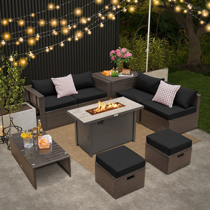 *9 Pieces Outdoor Patio Furniture Set with 42 Inch Propane Fire Pit Table - Black