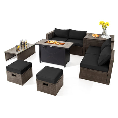 *9 Pieces Outdoor Patio Furniture Set with 42 Inch Propane Fire Pit Table - Black